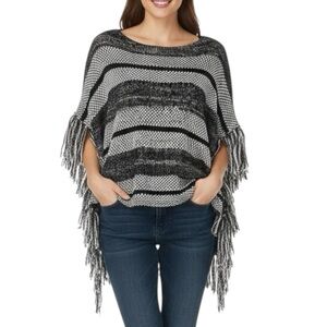 Lucky Brand Black Gray Wool Blend Tasseled Pullover Poncho Extra Large